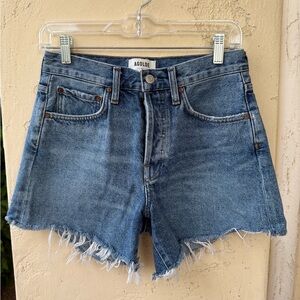 Agolde Parker Long Distressed Blue Jean Shorts